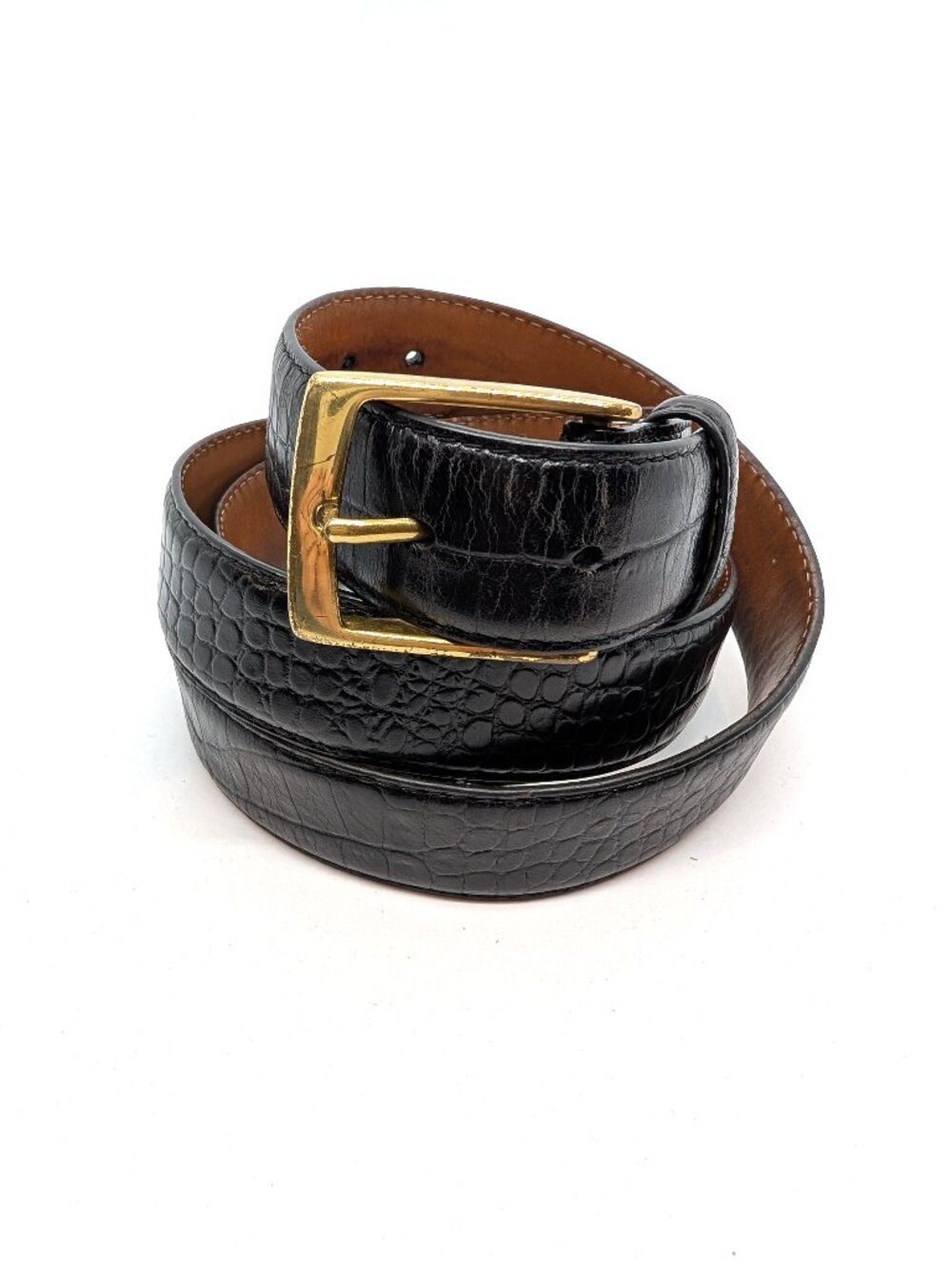 Black Italian Leather Belt Mens Sz 54 Brass Buckle Reptile Print Side Stitching